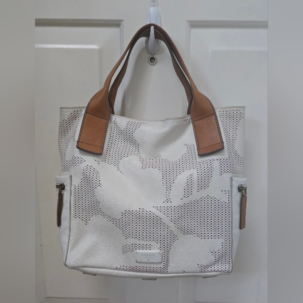 Fossil White and Tan Perforated Tote With Side Zip Pockets